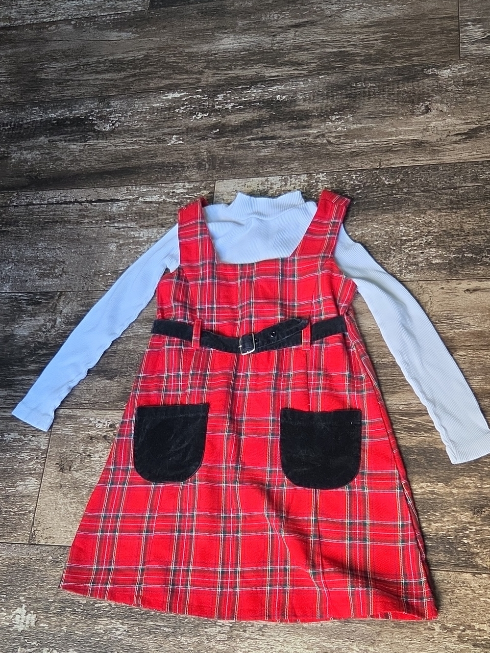 Vintage 90's Red Plaid Pinafore Dress with Black Pocket Accents